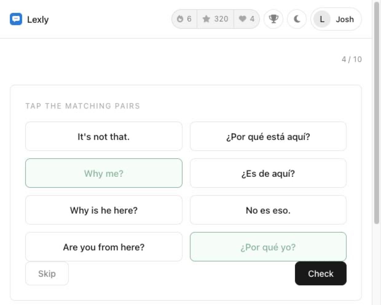 A Lexly matching-pairs exercise in a Spanish lesson
